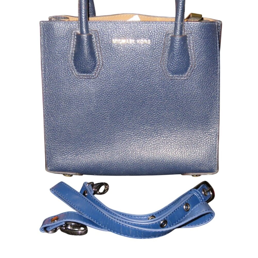 Michael Kors Mercer Medium Blue Pebbled Leather Crossbody Satchel Tote Handbag